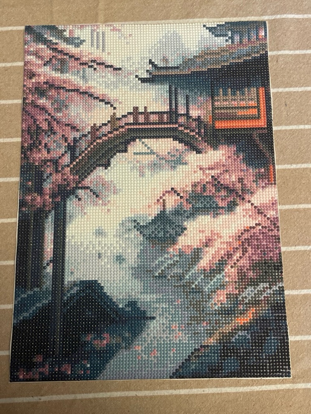Scenic Cherry Blossom Bridge Diamond Art Panel - Pink & Blue